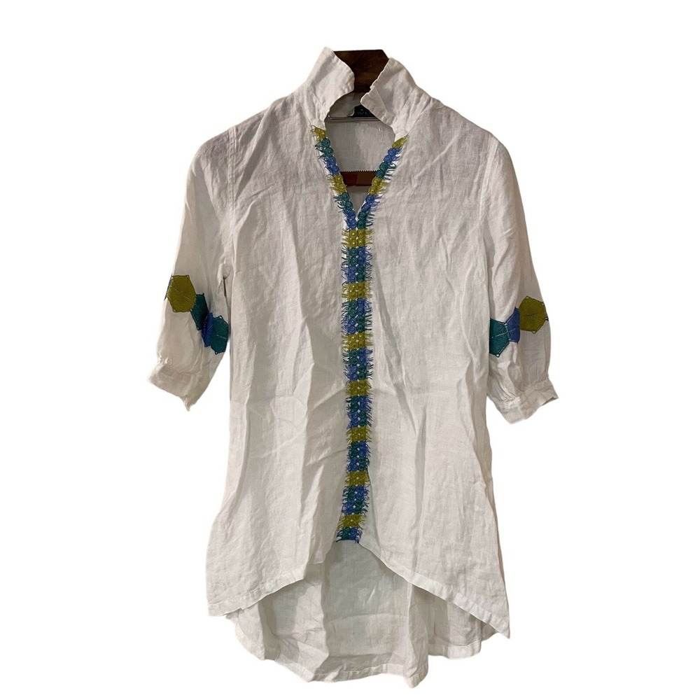Haris Cotton White Linen Blue Green Embroidery Fringe Hilo Tunic Coverup Dress S